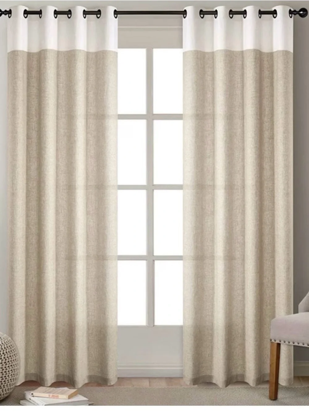Neutral Two-Tone Window Curtain Panels - Beige and White